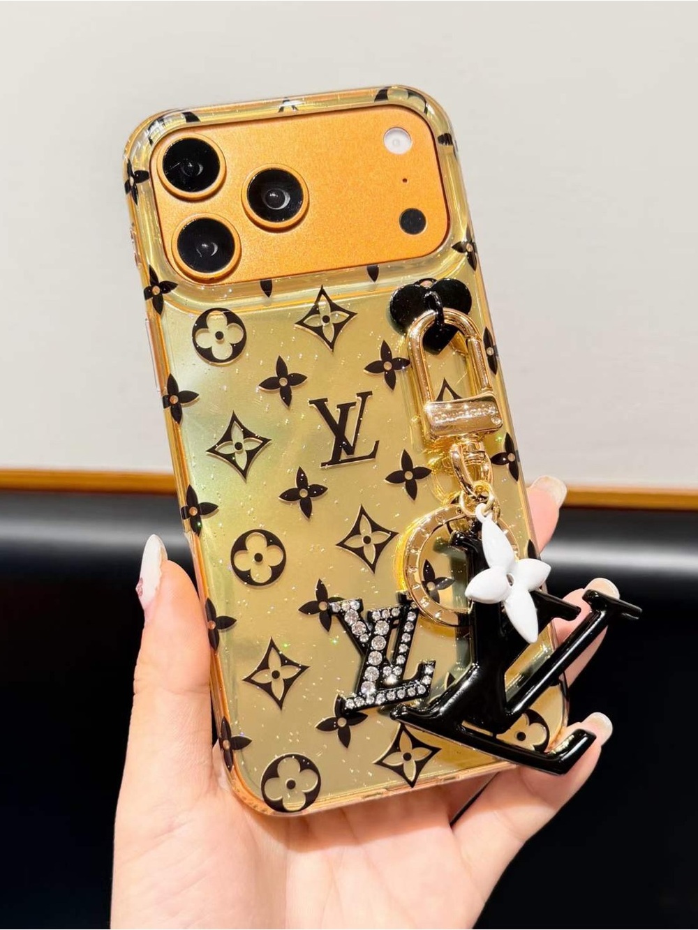 17 pro max Gold Glitter Monogram phone Case with Charm